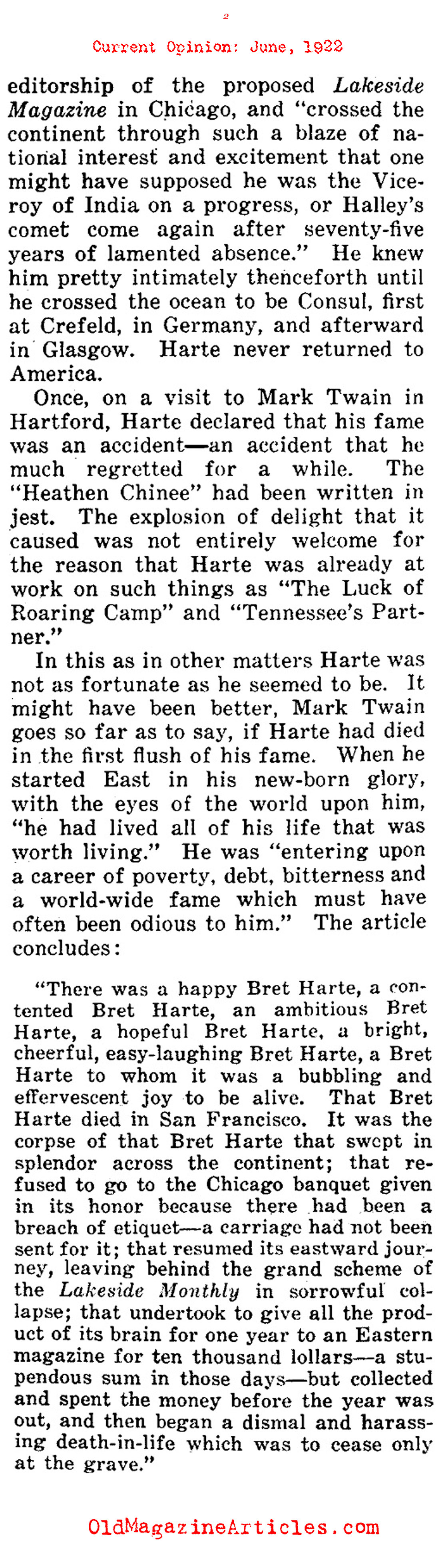 Mark Twain's Unkind Portrait of Bret Harte (Current Opinion, 1922)